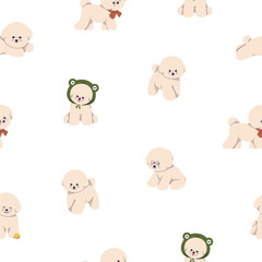 Bichon Frise dog, seamless pattern. Canine background with cute baby puppy. Endless repeating print with funny kawaii pup for fabric, textile, wrapping paper design. Flat vector illustration
