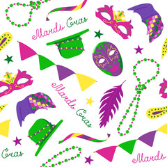 Vector seamless pattern with elements for Mardi Gras carnival. Bright Images of mosses, hats with feathers and beads with flags for packaging and wallpaper.