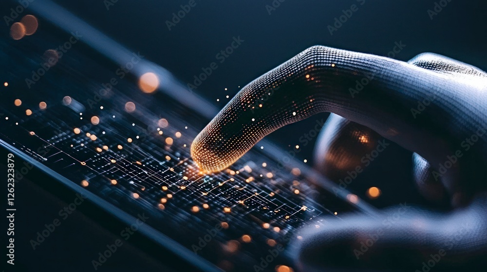 Poster futuristic hand interacting with glowing data interface