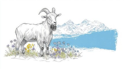 Obraz premium Majestic Goat in Alpine Meadow Mountain Landscape Illustration