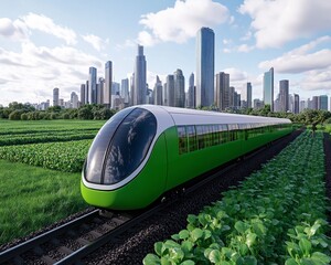 Naklejka premium Green High Speed Train in Lush Field Approaching Modern City