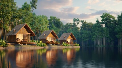 Obraz premium Tropical wooden bungalows by a lake at dawn