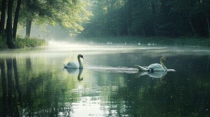 Swans Swimming Gracefully in a Still Lake.