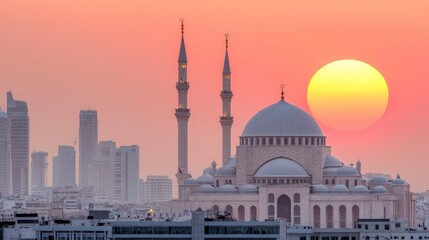 Obraz premium Majestic Mosque Sunset Cityscape Silhouette Islamic Architecture Golden Hour