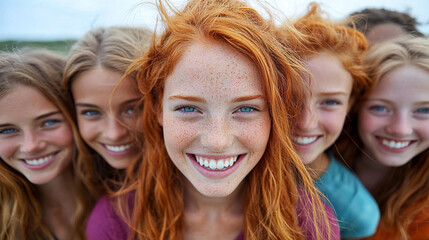 Fototapeta premium Group of young women enjoying a sunny day at the beach, smiling and laughing together amidst the wind. Generative AI