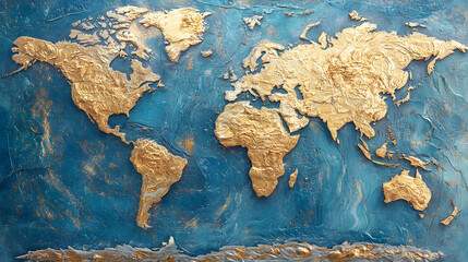A map of the world, with an ocean between continents and land, is depicted on blue paper
