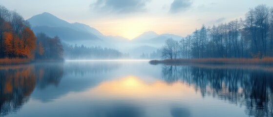 Fototapeta premium Serene Lakeside at Dawn with Nesting Birds