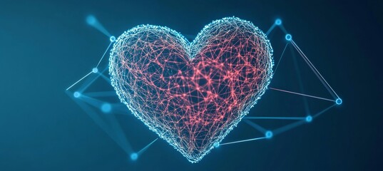 Abstract Blue Background with Illuminated Glowing Heart Shape Made of Connected Dots and Lines