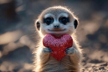 Fototapeta premium Ad animal graphic artwork. Cute meerkat baby with sparkling rhinestones red heart on in a natural habitat. Meerkat - my treasured animal. Love and care in the forest. Heart-shaped fur pattern.