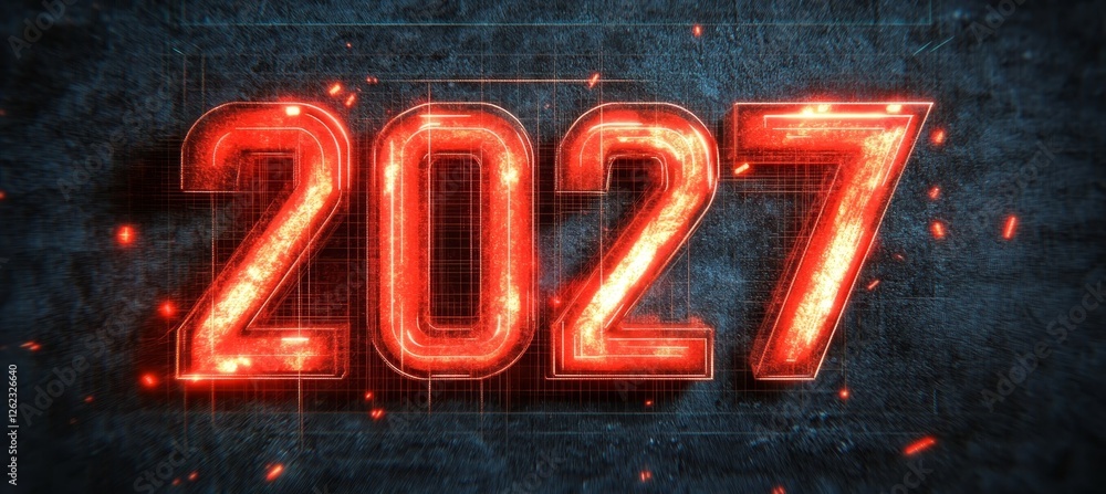 Poster glowing big 3d number 2027 in futuristic style on digital abstract background for new year