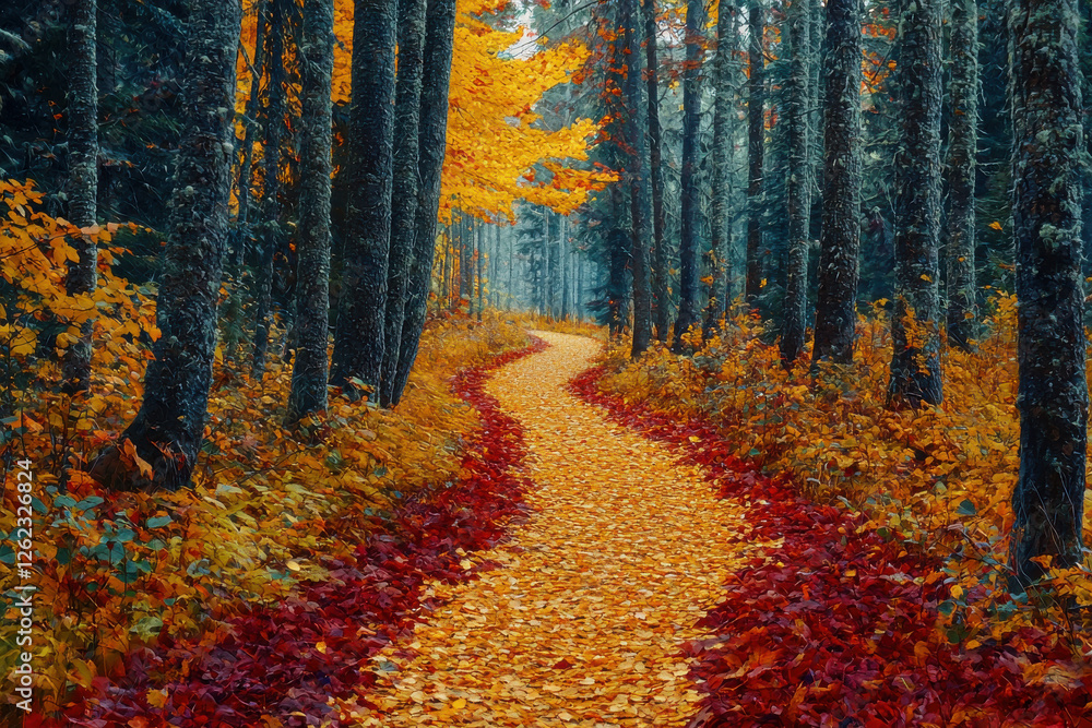 Poster a winding path meanders through an enchanting autumn forest, adorned with a colorful tapestry of fal