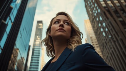 Fototapeta premium Empowered elegance a confident woman among urban giants