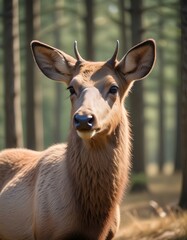 Obraz premium Detailed close up of a young elk, emphasizing her large, expressive eyes, detailed fur texture, and the way natural light enhances her soft brown coat