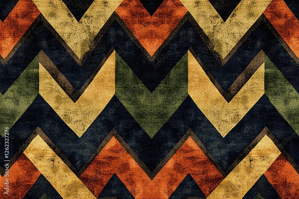 Aufkleber a retro geometric pattern with chevron shapes, features a distressed texture and a warm color palett