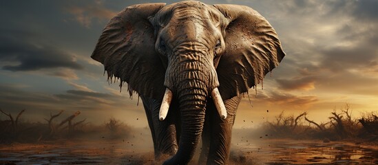 Majestic Elephant Walking Through a Dusty Landscape at Sunset