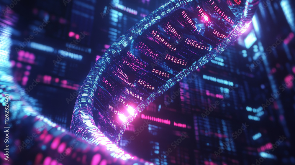 Poster digital dna, binary molecular genome code. vector scientific banner with futuristic neon glowing hel