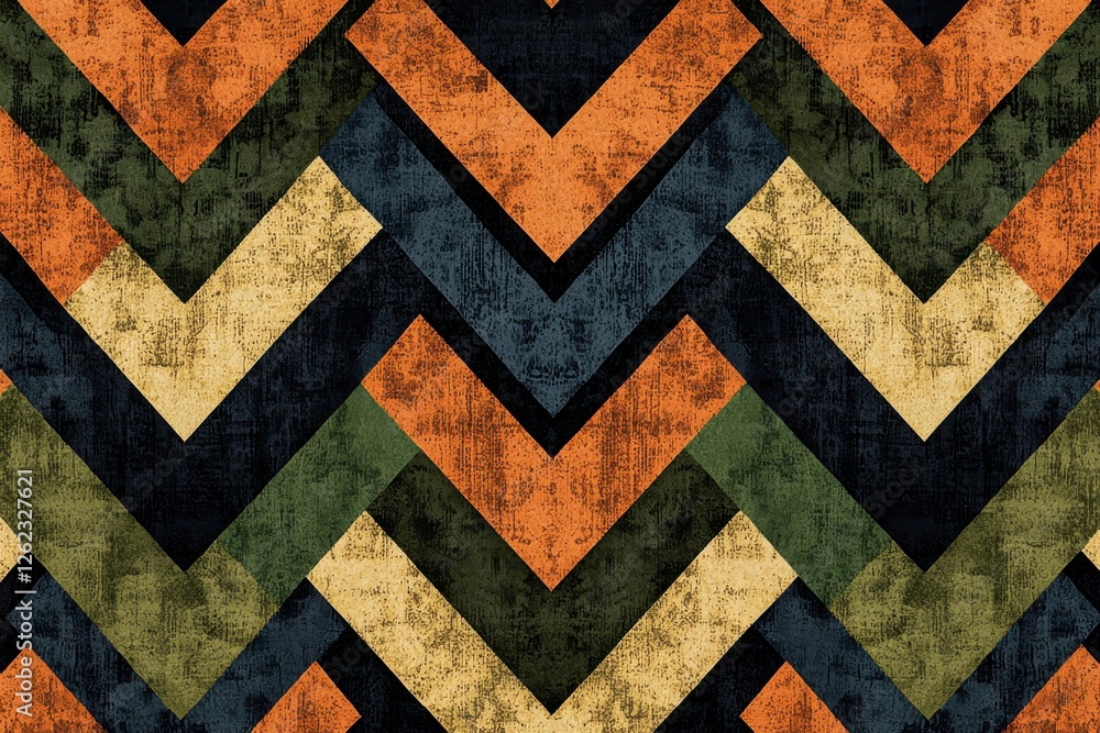 Poster a seamless geometric pattern with chevron shapes and a vintage texture, featuring a bold color schem