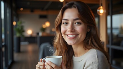 Smiling woman enjoys warm coffee in a cozy cafe, sunlight streams through the window.  A moment of pure bliss.