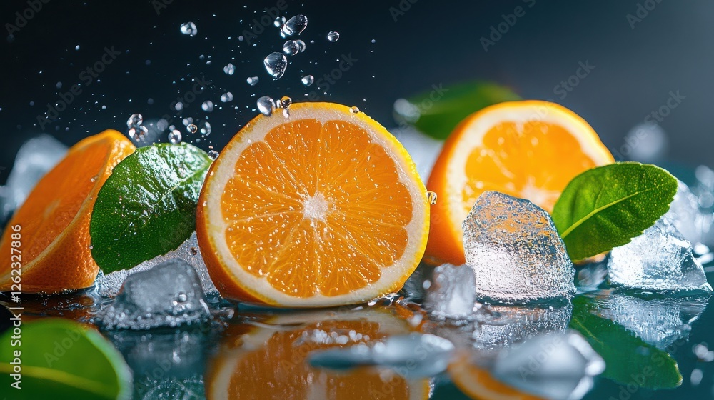 Poster fresh and vibrant citrus drinks with ice and leaves in upscale setting