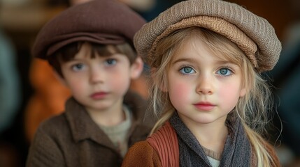 Children dressed in vintage clothing with hats during a historical reenactment in a cozy indoor setting