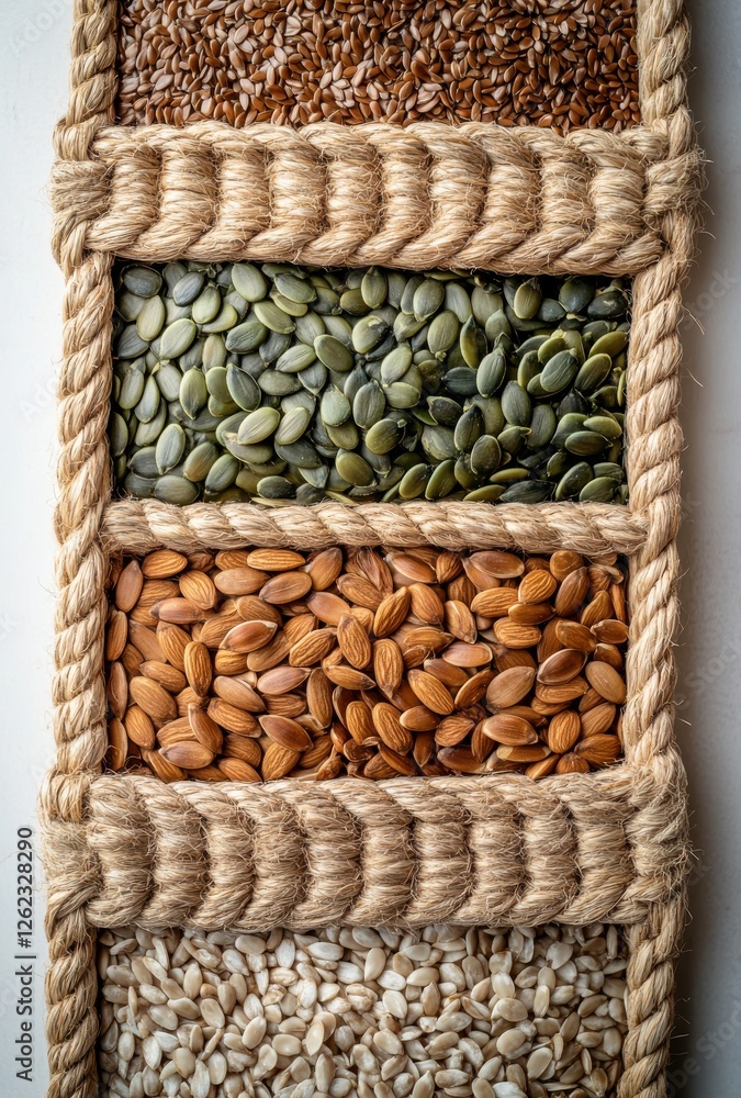 Poster detailed arrangement of various natural seeds displayed in segmented sections with rope accents on a
