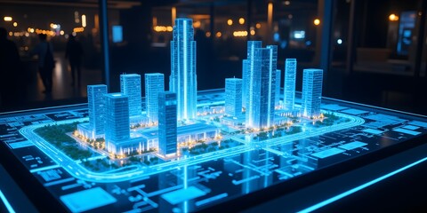 Glowing Metropolis: A futuristic city model illuminated in vibrant blue, showcasing architectural marvels and technological advancement.