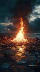 Fototapeta premium Deteriorating Environment: Bonfire of Waste Near Ocean Shore Under Dramatic Cloudy Sky, Highlighting Pollution and Environmental Concerns in Nature