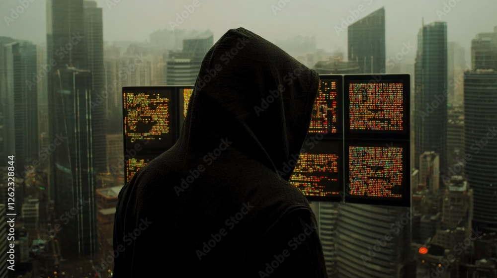 Poster mysterious hacker in futuristic city ai data screens cybersecurity