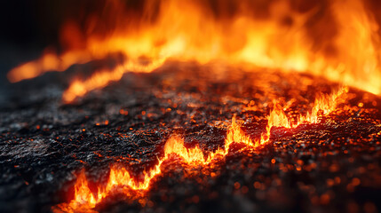 Glowing lava flows across a volcanic landscape, showcasing the natural power and beauty of Earth during an active eruption. Generative AI