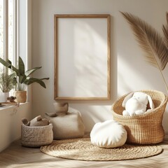 Mock up frame close up in children room with natural wooden furniture, 3D render, Generative AI