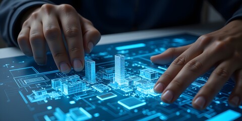 Architecting Tomorrow: Hands sculpt a futuristic cityscape on a digital interface, a vision of urban innovation.