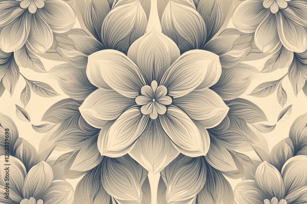 Poster an ornate monochromatic floral background featuring detailed flower petals and flowing lines, creati