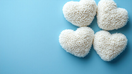 Soft white fluffy heart decorations arranged on a blue background for a cozy and inviting atmosphere. Generative AI