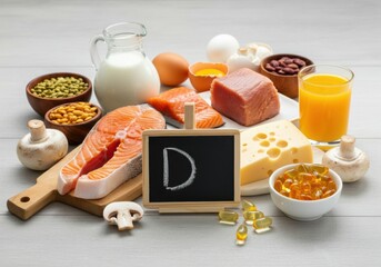 Healthy food arrangement featuring salmon, dairy, and vegetables for vitamin D