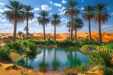 Obraz premium A breathtaking oasis in the Sahara Desert, featuring palm trees reflected in the water, surrounded by lush greenery and towering sand dunes under a beautiful blue sky.