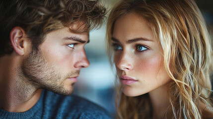 Couple gazing into each other's eyes while sharing an intimate moment in a cozy setting. Generative AI