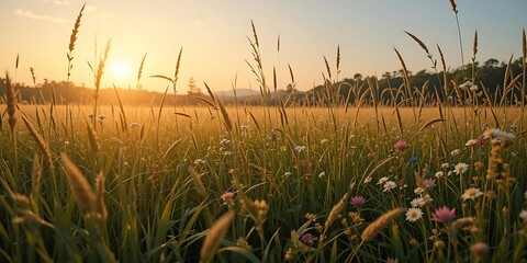 Golden Sunset Over Wildflower Meadow Grass