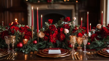 This beautifully arranged table scape features rich red floral arrangements and gold accents, illuminated by the warm glow of candles, perfect for a luxurious holiday gathering