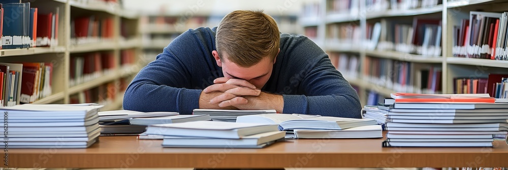 Poster overwhelmed student struggling with studies in library, surrounded by stacks of books.