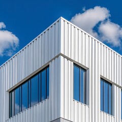 Fototapeta premium Modern White Metal Building Exterior with Blue Sky Reflection