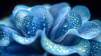 Fototapeta premium A captivating macro photography of a vibrant blue hydrangea, where each tiny petal reveals subtle gradients of blue and green, drawing the viewer into the exquisite details of nature's design.