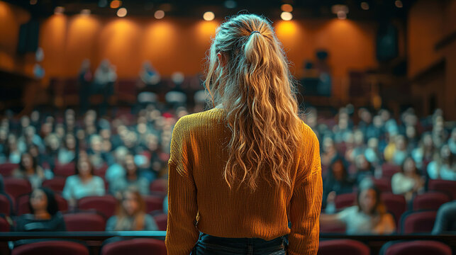 Engaging speaker presents in front of a captivated audience at an auditorium during a motivational event. Generative AI