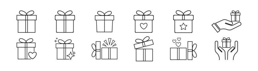 Gift box icon set in line style. Present gift box tied, open, and sparkle for christmas, birthday, valentine, wedding event, party, celebration, and achievement success, vector illustration.