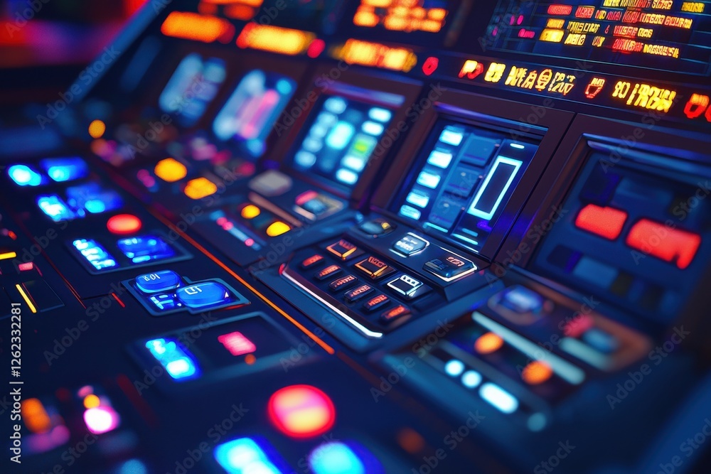 Poster an eye-level close-up view of an illuminated control panel of a complex machine, featuring an array 