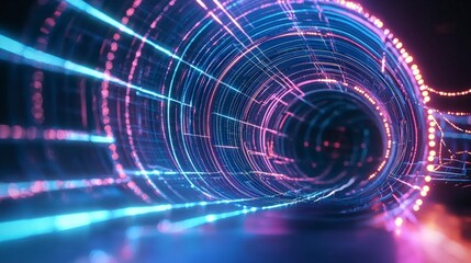 Fototapeta premium Futuristic Neon Tunnel Digital Cyberspace Abstract Background Vivid Lights
