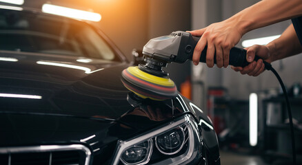 Car, detailing and polish with buffer for professional auto service, vehicle maintenance and paint protection. Garage, cleaning and restoration work for automotive care