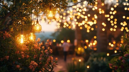 Naklejka premium Cozy evening gathering in a lush garden under string lights
