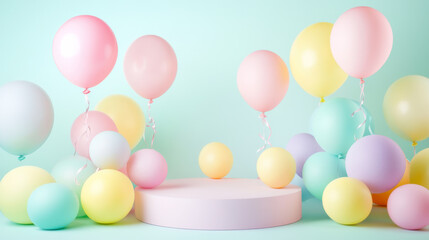 Pastel Balloons with Minimalist Podium on Neutral Background