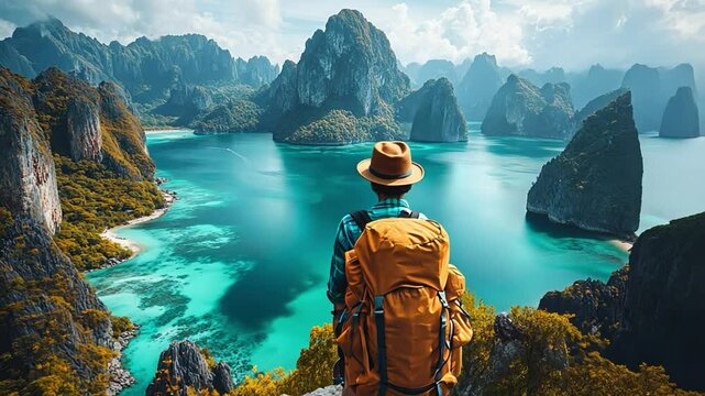 "Voyager's Vista: A lone adventurer stands at the precipice, lost in the embrace of a vast and captivating seascape.