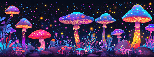 A glowing, psychedelic mushroom in the night sky
